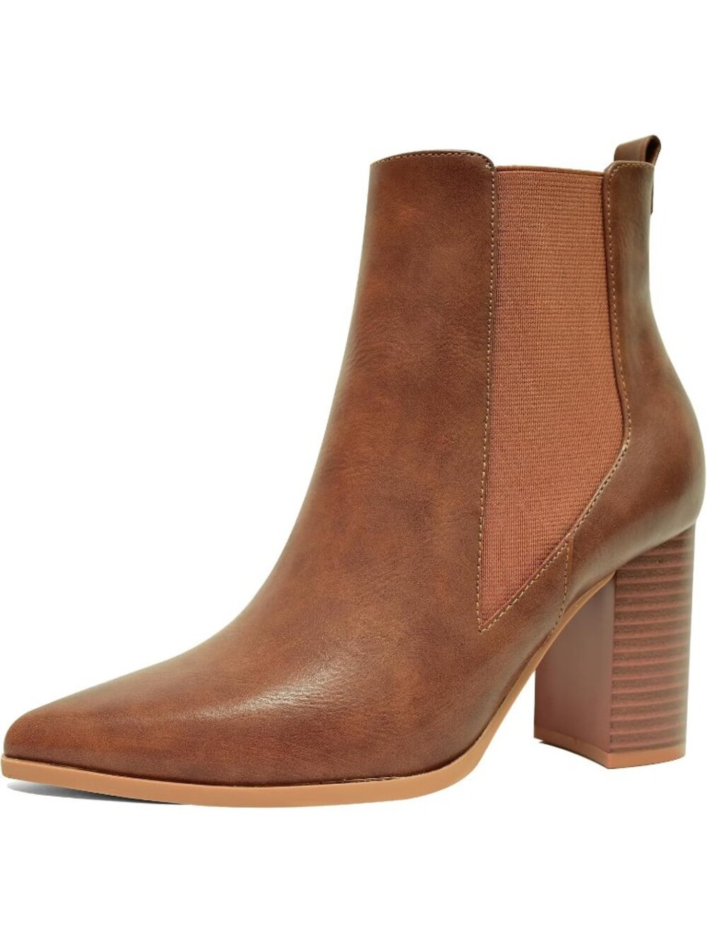 Women's Brown/Elastic Chunky High Heel Ankle Dess Booties Faux Leather Pull-On
